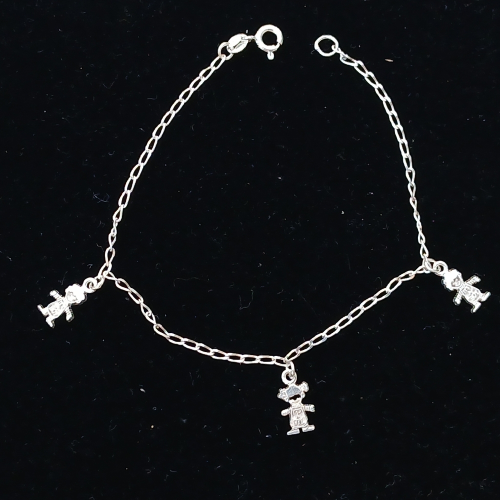 925 Sterling Silver Women's Dangling Girl and Two Boys Bracelet